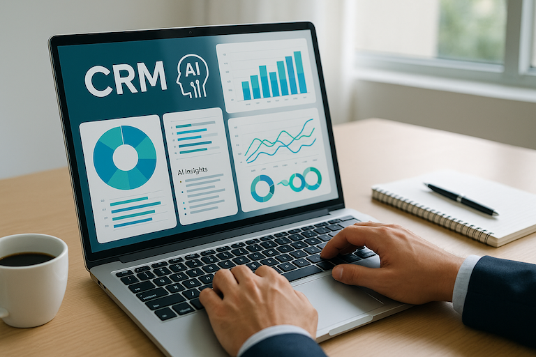 AI vs Manual Lead Scoring: Which Method Works Better? Article - open laptop with AI Analytics title on the screen and pie chart + bar chart