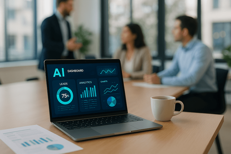 Qualify Sales Leads Using AI: A Beginner's Guide Article - open laptop persenting leads conversion rates and analytics bars