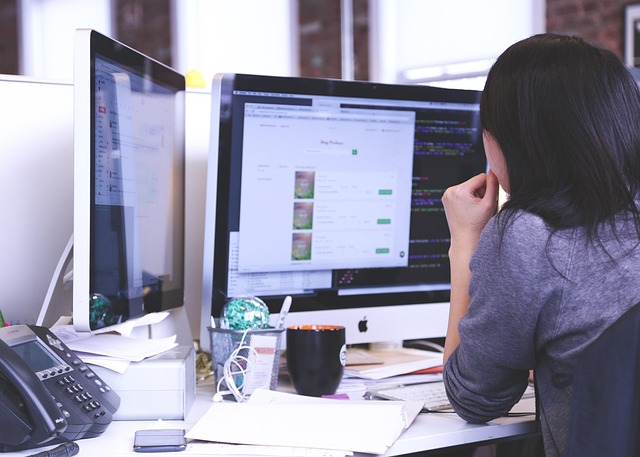 Analyst sitting with its back looking at two desktop screens